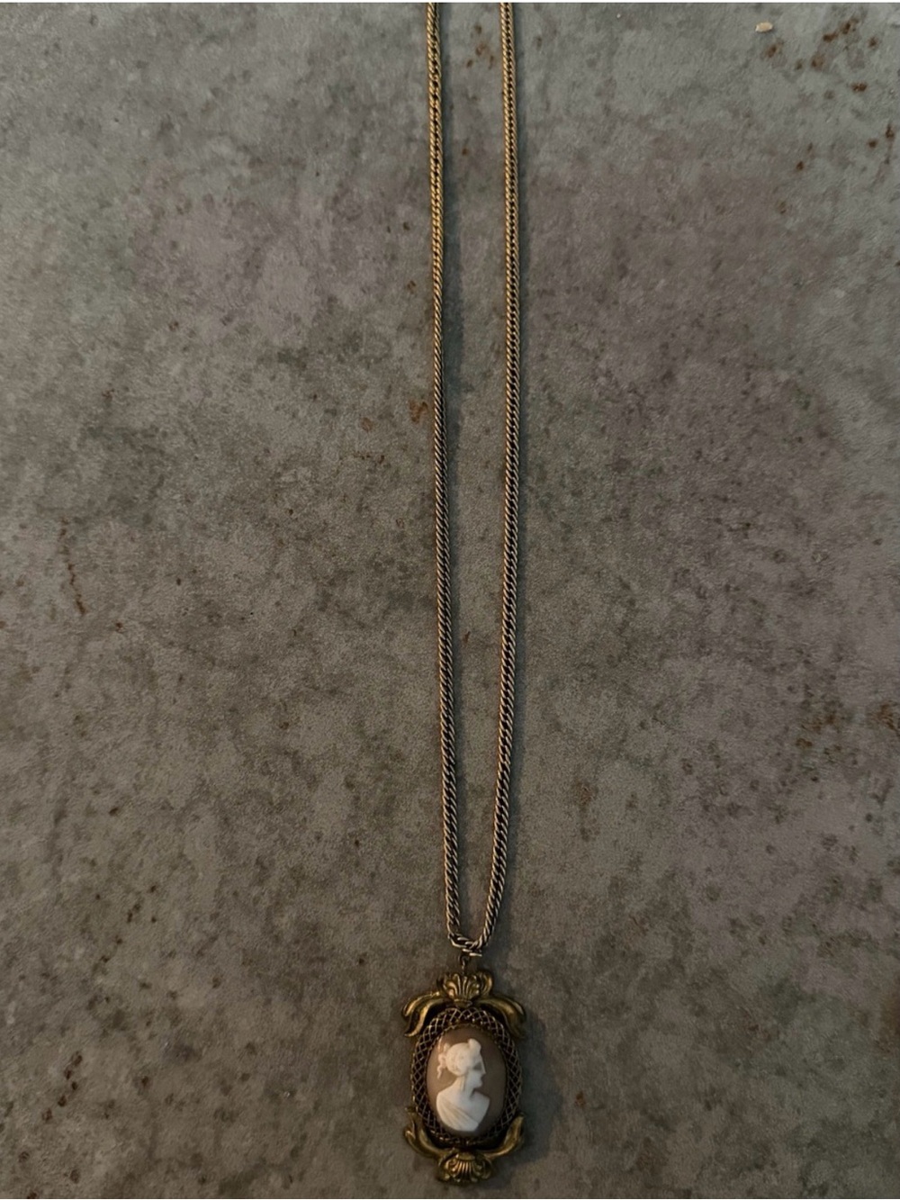 Vintage Cameo Pendant Necklace in Bronze and White